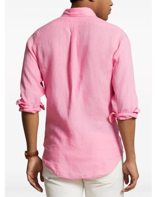 Polo Ralph Lauren Pink Polo Pony Logo-Embroidered Linen Shirt for men