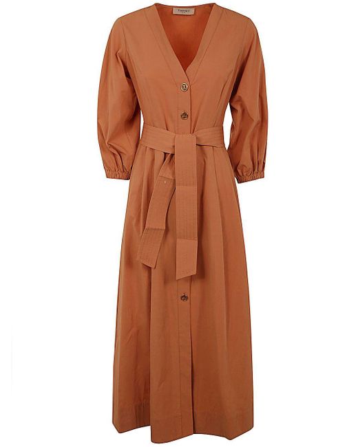 Twin Set Brown Baloon Sleeve Belted Dress