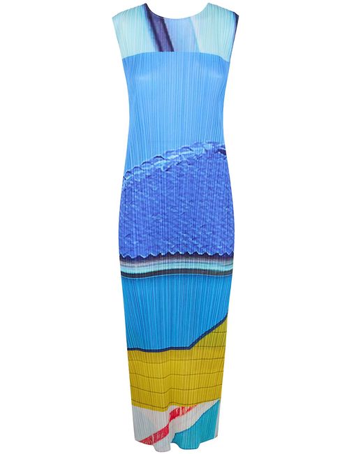 Pleats Please Issey Miyake Blue Dress With Abstract Print "City Collage"