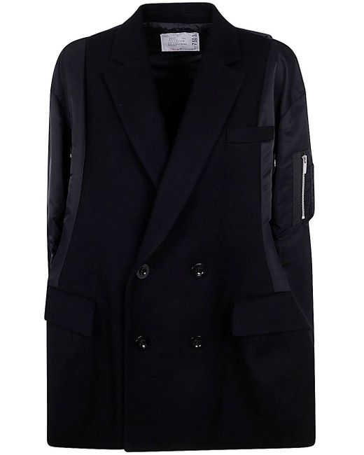 Sacai Black Wool Melton X Nylon Twill Quilted Coat