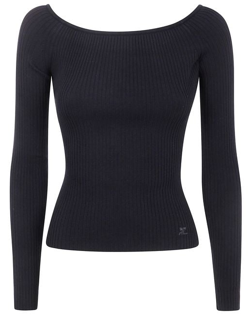 Courreges Blue Off Shoulder Rib Knit Top