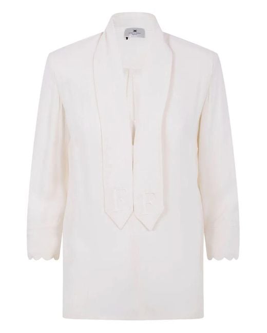 Elisabetta Franchi White V-Neck Blouse With Embroidered Initials