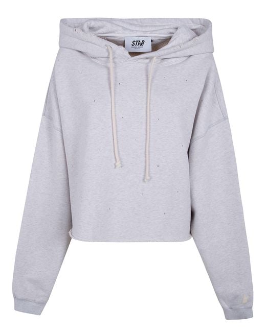 Golden Goose Deluxe Brand White "Star W's" Oversize Cropped Hoodie Heavy Fleece Destroyed