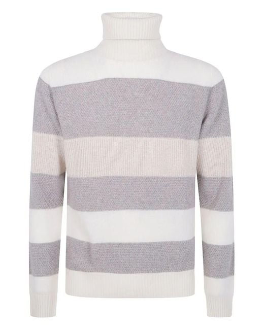 Barba Napoli White Turtle Neck Orizontal Stripes Sweater for men