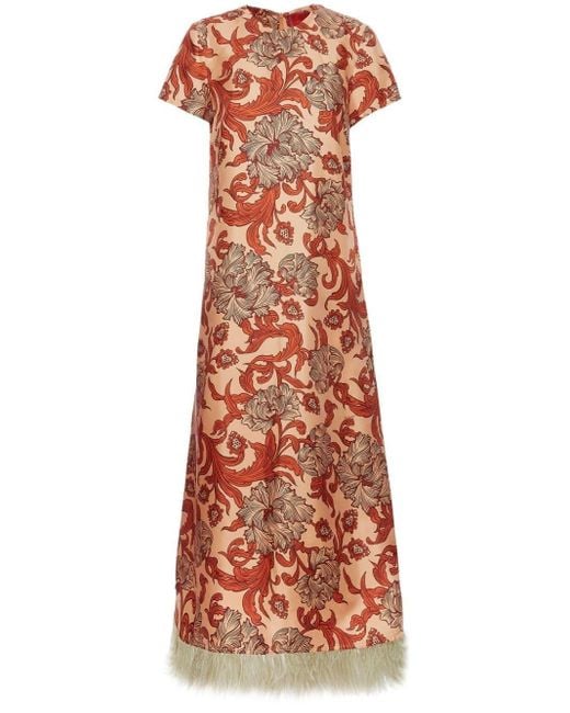 LaDoubleJ Red Swing Feather-Trimmed Silk Twill Maxi Dress