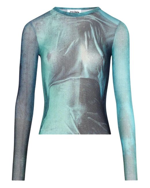 Jean Paul Gaultier Blue Mesh Long Sleeves Top Printed "Water"