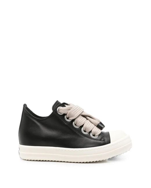Rick Owens Black Low-Top Leather Sneakers With Oversized Laces