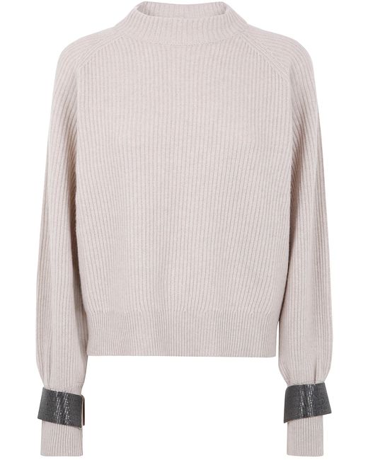 Brunello Cucinelli White Ribbed Sweater With Jewel Cuffs
