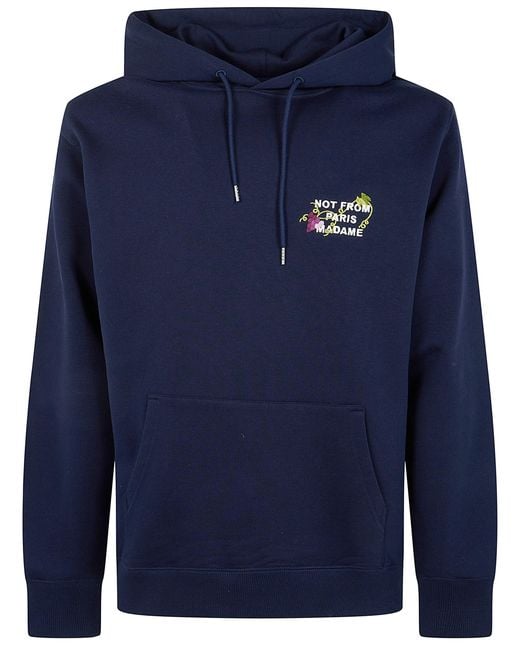 Drole de Monsieur Blue Sweatshirt Hooded "Vine Embroidered Slogan Hoodie" for men