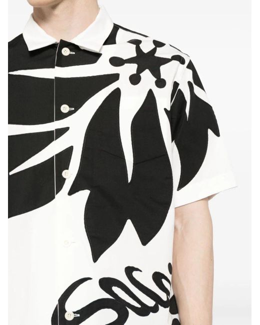 Sacai Black Floral Embroidered Patch Cotton Poplin Shirt for men