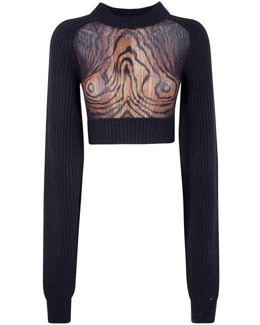Jean Paul Gaultier Blue Lambswool Ribbed Long Sleeves Cropped Sweater With