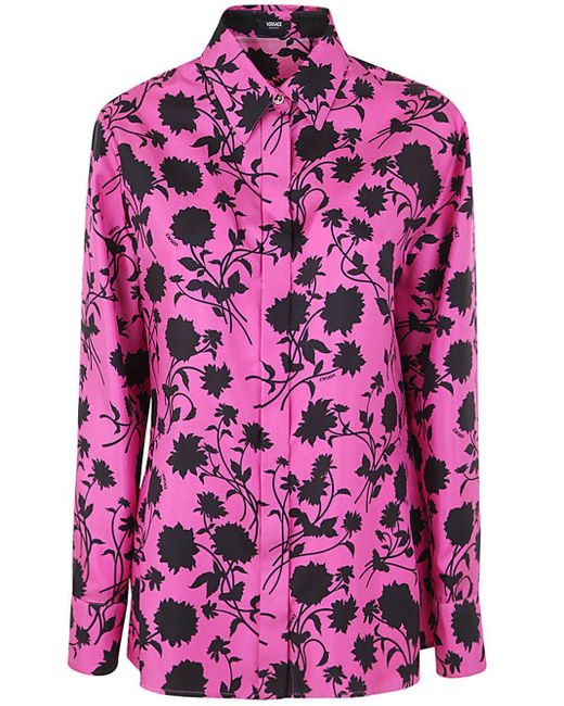 Versace Pink Informal Shirt Floral Silhouette Print Twill Silk Fabric 50%