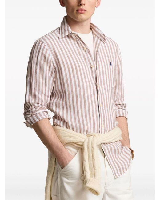 Polo Ralph Lauren White Striped Linen Shirt With Logo for men