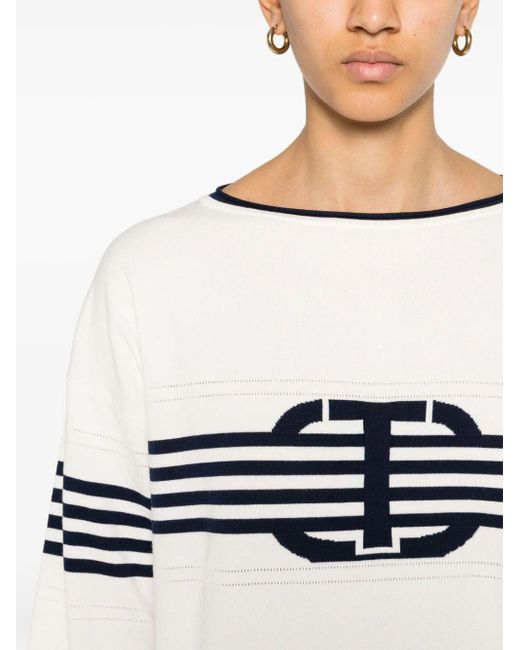 Twin Set White Long Sleeves Boat Neck Striped Sweater With Logo