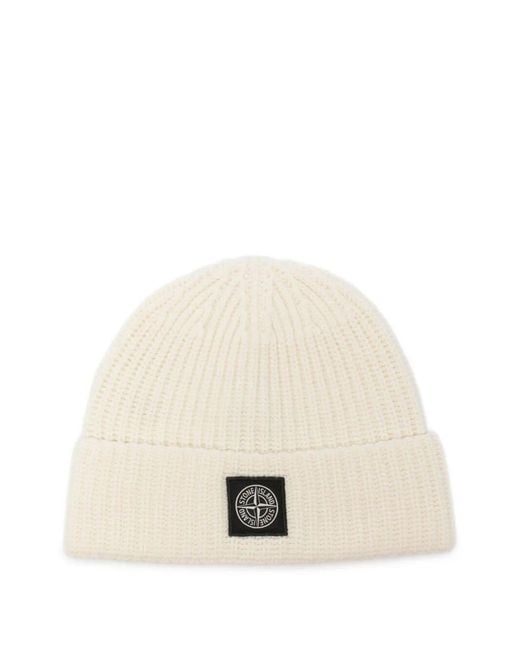 Stone Island Natural Berretto A Coste Con Patch Logo for men