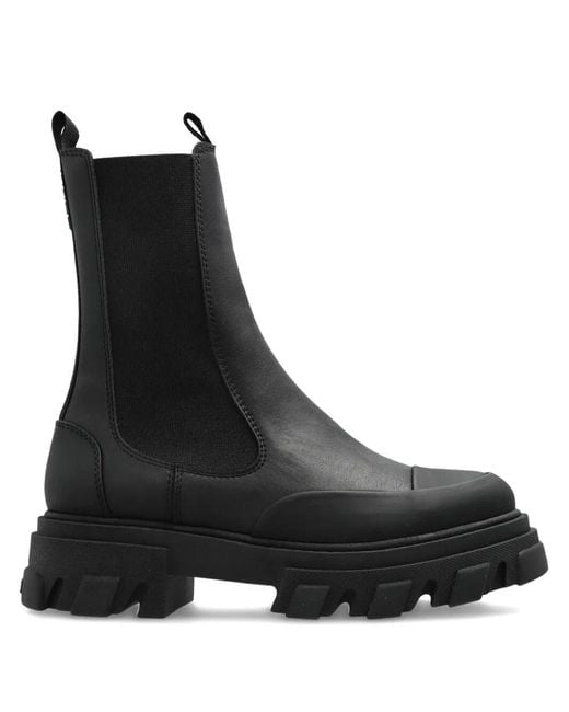 Ganni Black Boots Thick Sole "Cleated Mid Stitch Chelsea Boot"