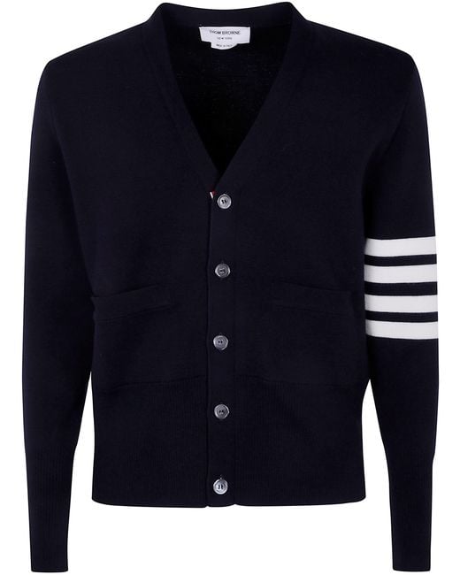Thom Browne Blue Milano Stitch V Neck Cardigan With 4 Bar for men