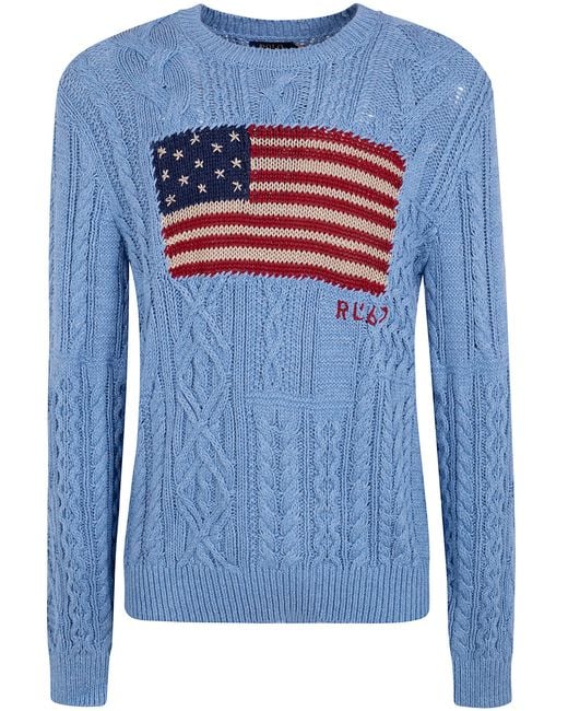 Polo Ralph Lauren Blue Long Sleeves Round Neck Flag Sweater for men