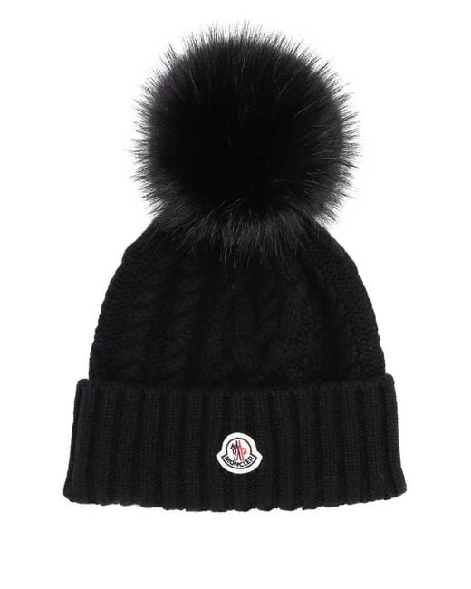 Moncler Black Hat Wool "Pon Pom"