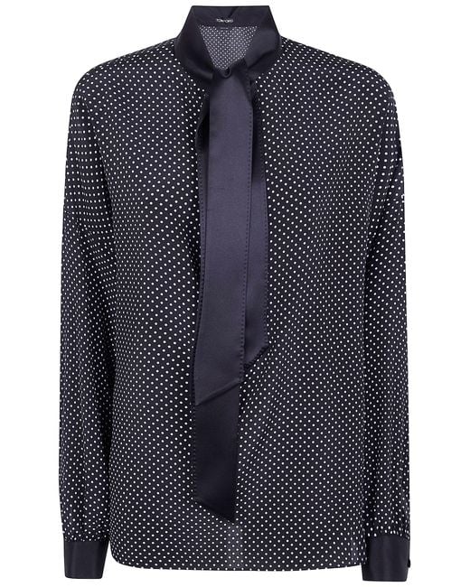 Tom Ford Blue Printed Small Polka Dot Silk Crepe De Chine Lavalliere Tunic