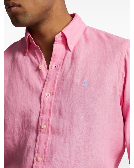 Polo Ralph Lauren Pink Polo Pony Logo-Embroidered Linen Shirt for men
