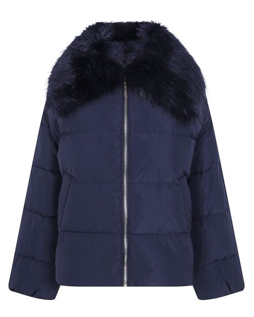 Twinset Blue Windbreaker Faux Fur Neck Puffer Jacket
