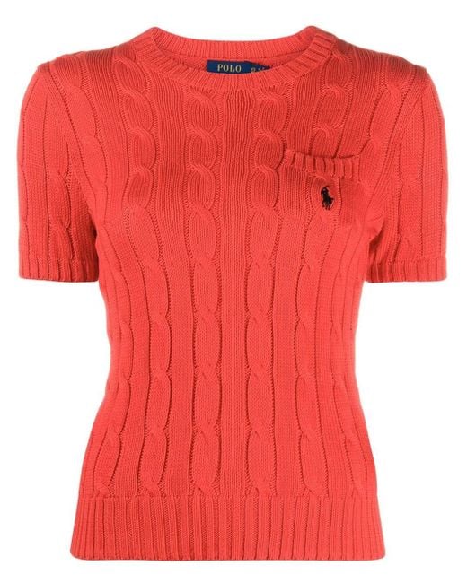 Polo Ralph Lauren Red Cotton Sweater Crew Neck W/Braids