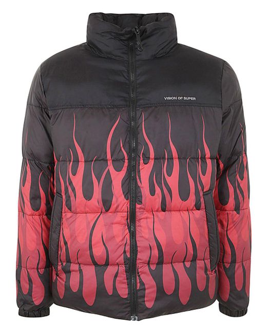 Vision Of Super Black Puffy Jacket With Red Flames for men