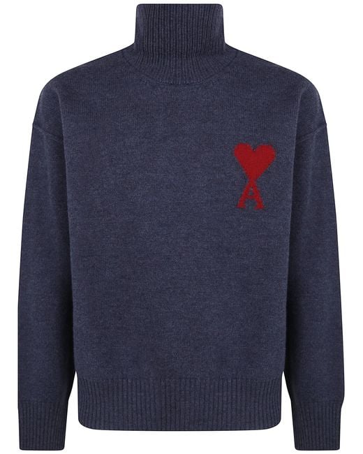 AMI Blue Sweater Funnel Neck "Quota Ami De Coeur"