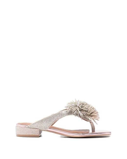 Kurt Geiger White Pom Pom T-Bar Flat Fabric