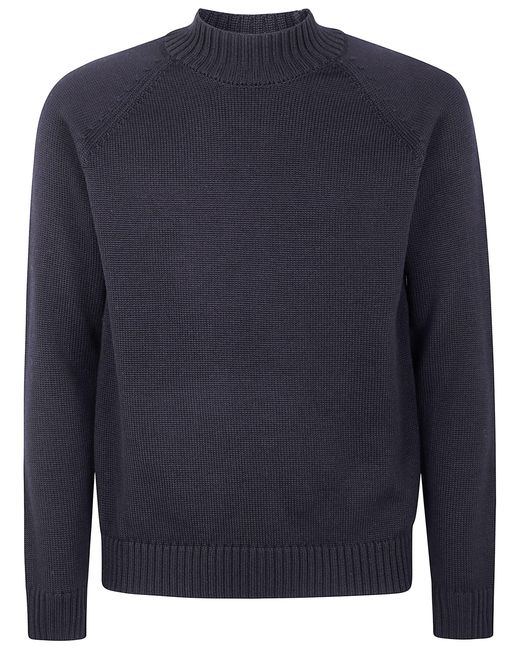 Zanone Blue Stockinette Stitch Slim Fit Raglan Sleeved Mock Neck Sweater for men
