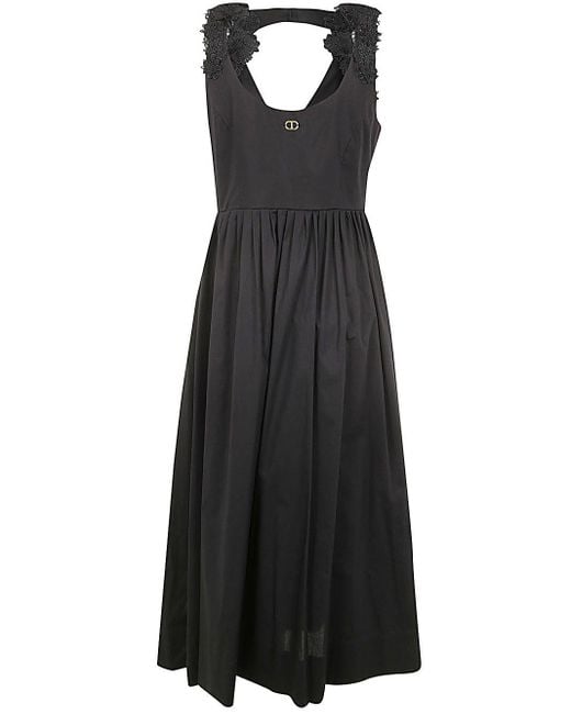 Twin Set Black V-neck Dress With Embroidered Flowers