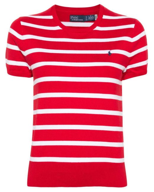 Polo Ralph Lauren Red Short Sleeves Crew Neck Braided Striped Sweater