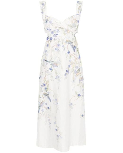 Zimmermann White Floral Print Linen Midi Dress