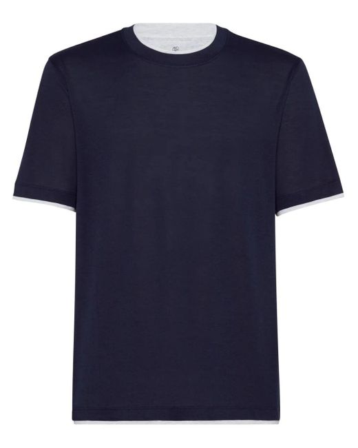 Brunello Cucinelli Blue Faux Layering Silk And Cotton T-Shirt for men