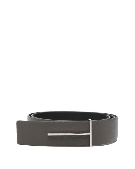 Tom Ford Gray T-Logo Pebbled Leather Belt for men