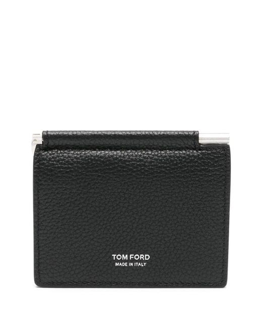 Tom Ford Black Hammered Calfskin Bi-Fold Card Holder With Money Clip for men