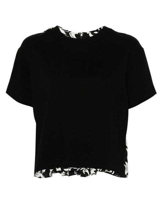 Sacai Black Floral Printed Pleated Crewneck T-shirt