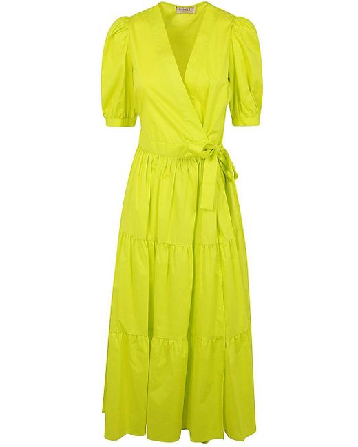 Twin Set Yellow Baloon Sleeve Belted Dress With Flounce