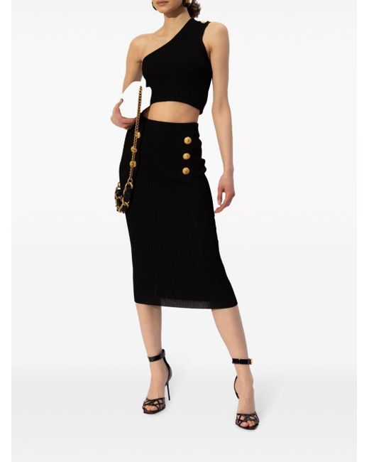 Balmain Black Buttoned Knit Midi Skirt