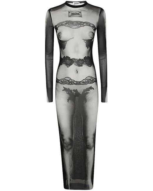 Jean Paul Gaultier Gray Mesh Long Dress Printed "body Lace Mariniere" Clothing