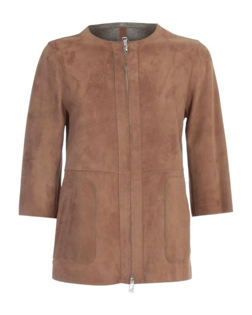 The Jackie Leathers Brown Goat Suede Jacket Crew Neck 3/4S Jersey