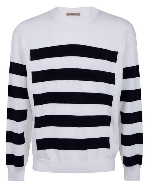 Nuur White Two Tone Stripes Crew Neck Sweater for men