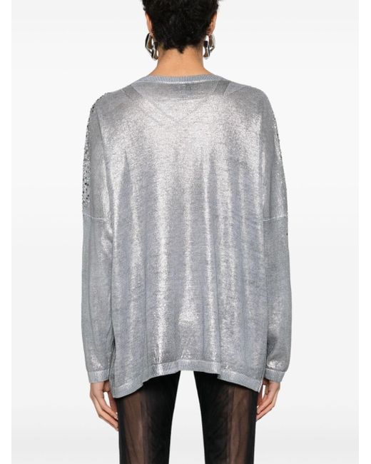 Avant Toi Gray Linen Cotton V-neck Pullover With Lamination And Strass