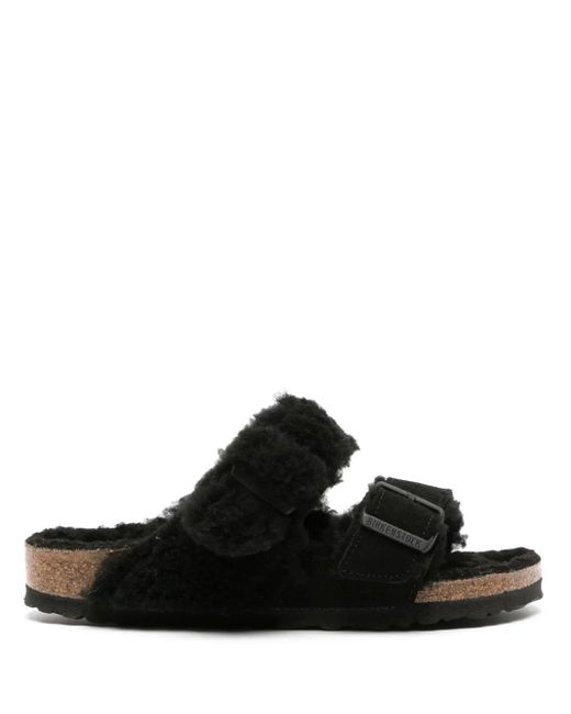 Birkenstock Black "Arizona" Split Shearl Teddy Suede Leather Slippers