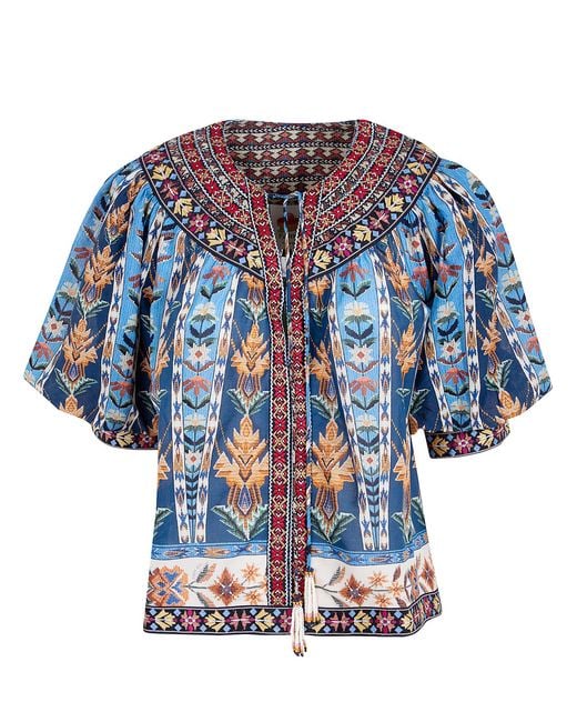 Farm Rio Blue Embroidered Tapestry Short Sleeve Blouse