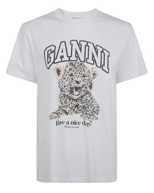 Ganni White T-Shirt Relaxed "Basic Jersey Leopard"