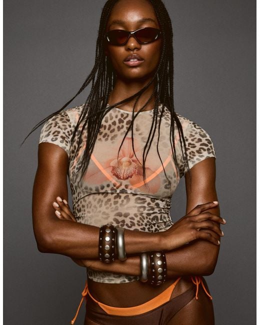 Bershka Brown Printed Short Sleeve Tulle T-Shirt