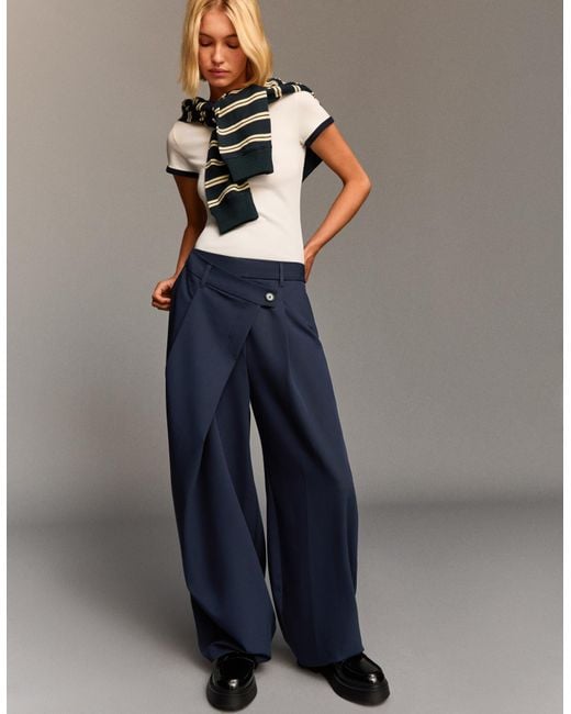 Bershka Blue Tailored Pants With Crossover Waistband