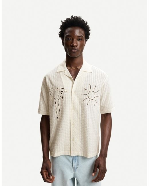 Bershka Natural Embroidered Short Sleeve Shirt for men